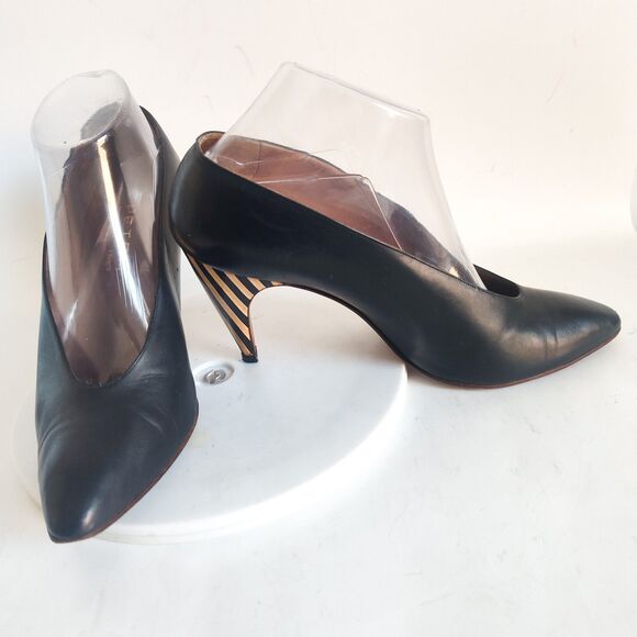 Petra Firenze Heels 9.5 Italian Leather Sole Pumps Navy Blue Pointy Toe Striped - Picture 6 of 13